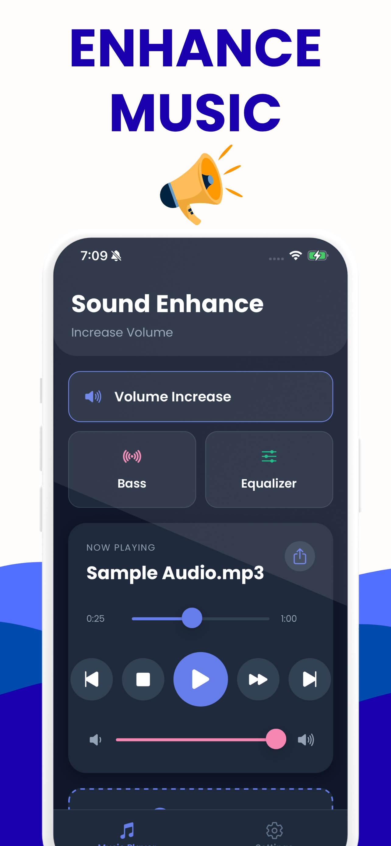 The player, with volume, bass and EQ one tap away