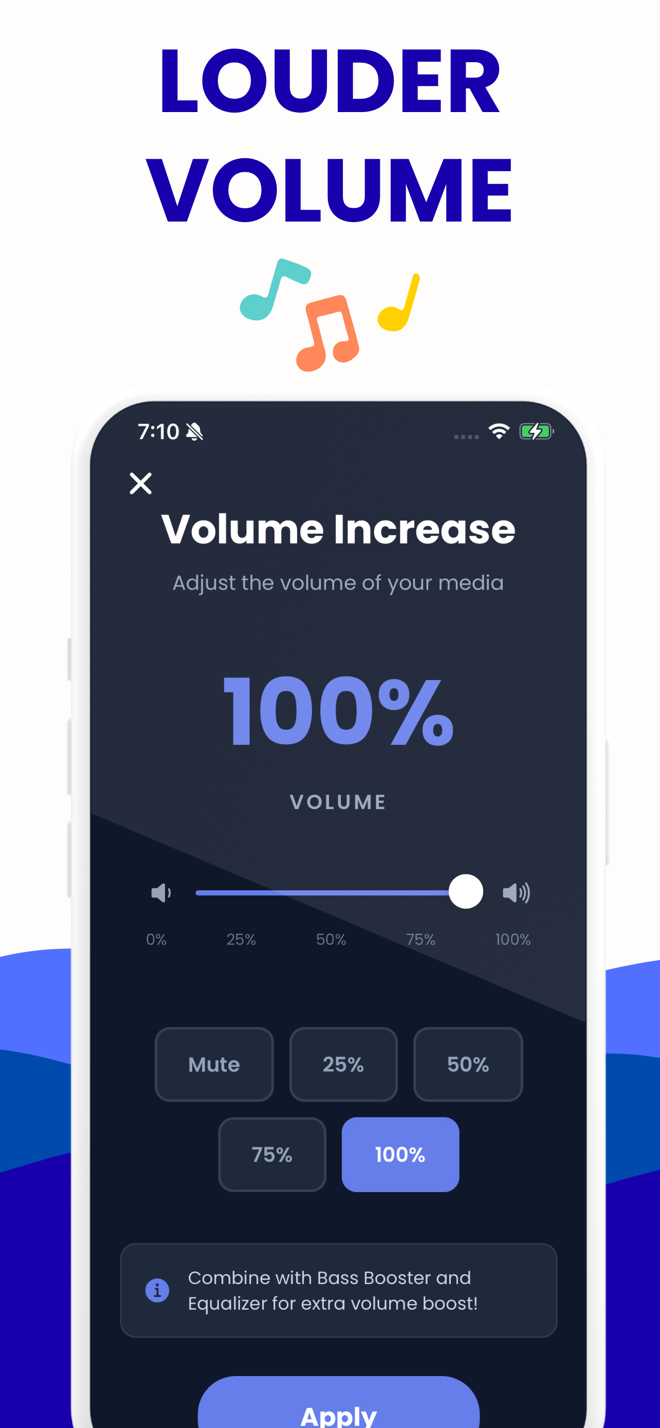 Volume up to 200 %, with presets for the common steps